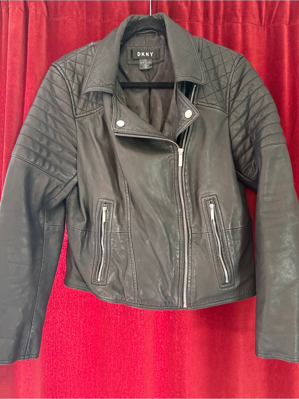 DKNYC Black Quilted-Shoulder Leather Moto Jacket